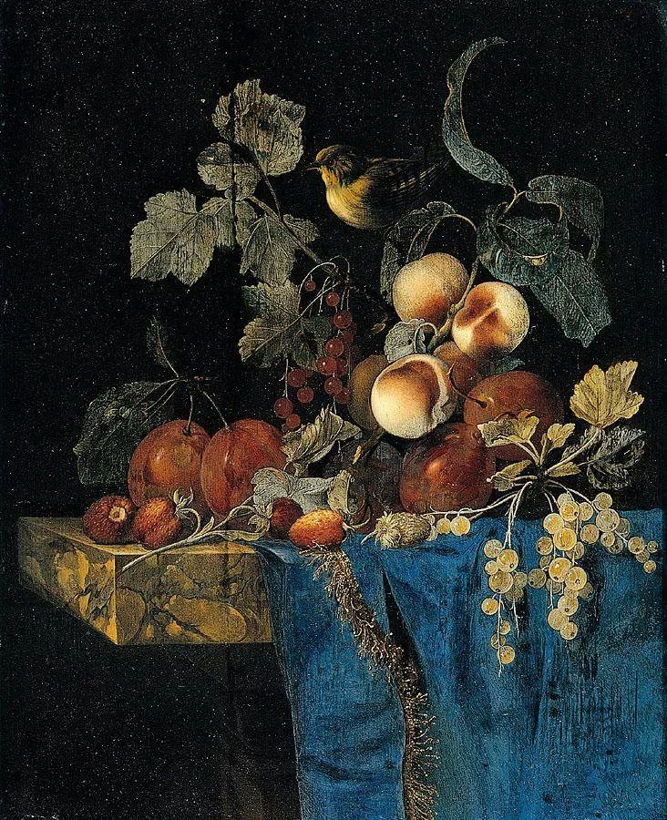 Natura morta con frutta e uccellino